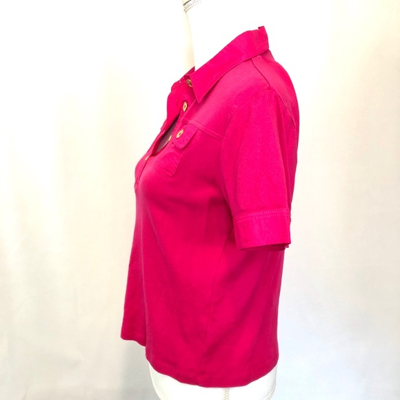 Chaps Blouse Sz M Pink V-Neck, Gold Button Accent Top, Short Sleeves - Picture 3 of 5